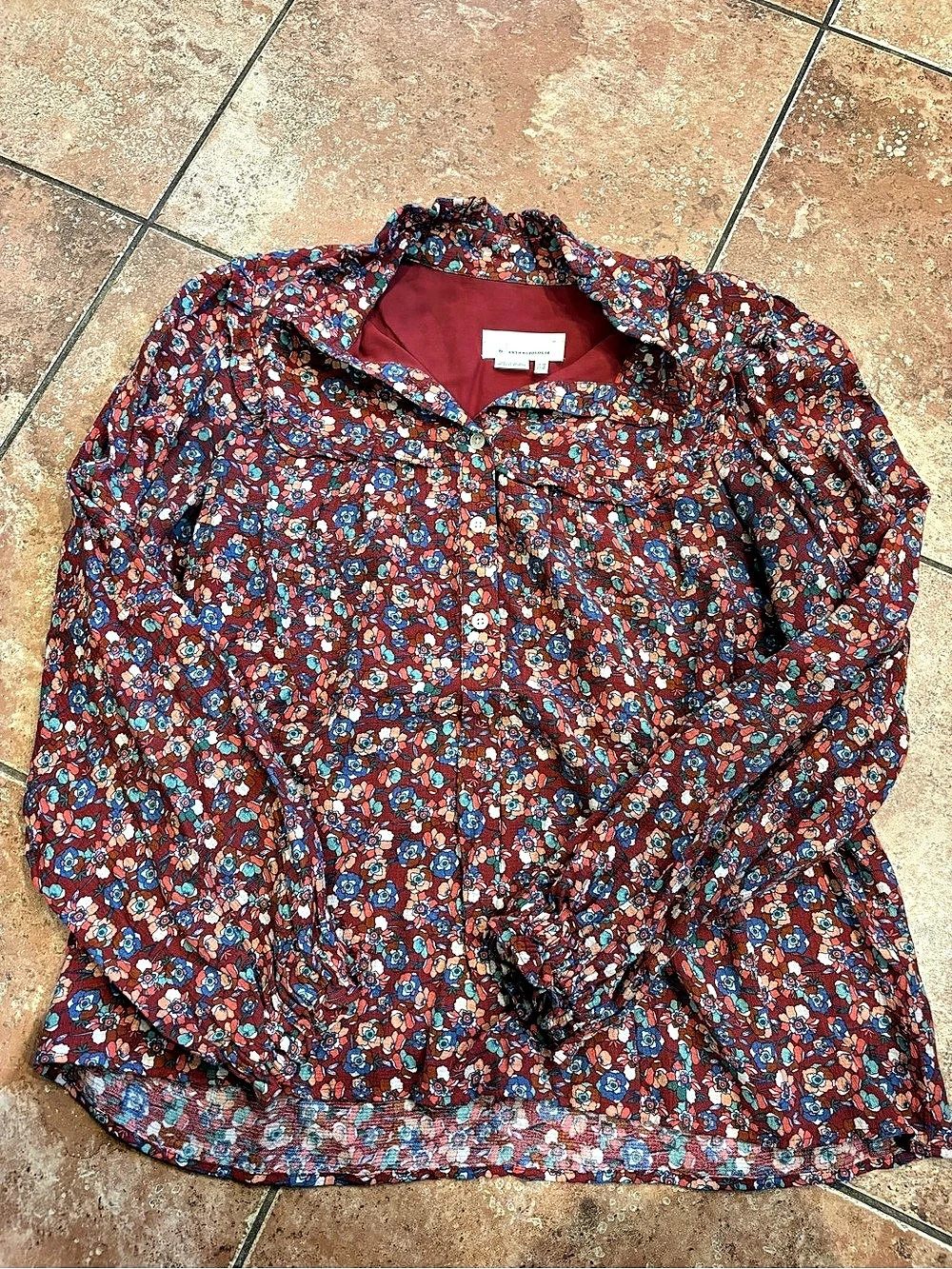 Anthropologie Floral Button-Down Blouse in Red & Blue Size Large